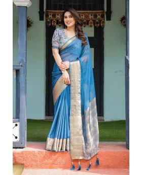 Stunning Turquoise Blue Light & flowy Chiffon Saree