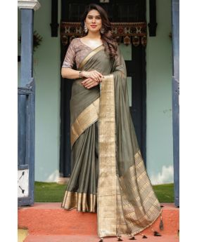 Classy Olive Green Soft, featherlight Chiffon Saree