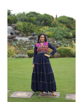 Navy Blue Rayon Kutchi Embroidered Navratri Gown