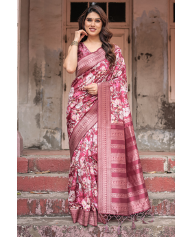 Maroon & Pink Banarasi Silk with Digital Floral Print Saree