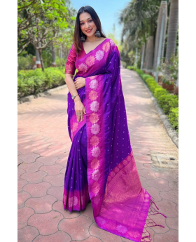 Little designs on a violet soft silk saree Zari Weaving