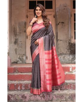 Black & Rose Pink Banarasi Silk with Digital Print Saree