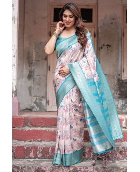 Aqua & Pastel Tones Banarasi Silk with Digital Print Saree