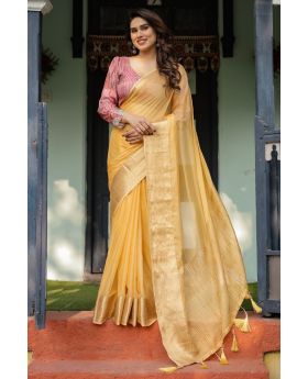 Golden Yellow Chiffon Saree with soft & flowy texture 