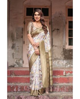 Golden Olive Banarasi Digital Printed Silk Saree