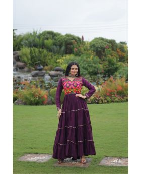 Violet Rayon Kutchi Embroidered Navratri Gown