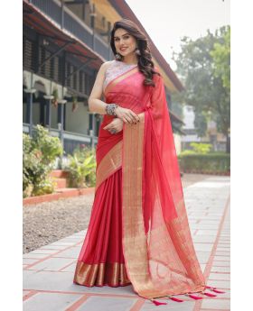 Striking Coral Red Light & breezy Chiffon Saree
