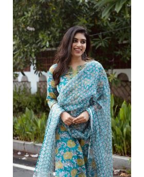 Women's Ethnic Blue Floral Suit Poly Rayon Cotton with Elegant Print