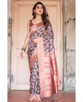 Black with Rust & Peach Accents Banarasi Saree