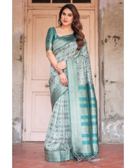 Rich Teal Green Banarasi Digital Printed Silk Saree