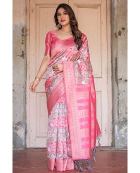 Pink & Silver Base Banarasi Digital Printed Silk Saree