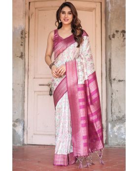 Beautiful Pink & Green Banarasi Digital Printed Silk Saree