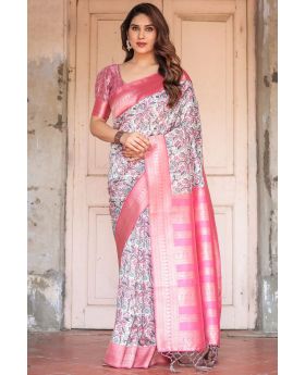 Soft Ivory Base Banarasi Digital Printed Silk Saree