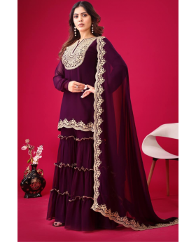 Faux Violet Blooming Three-piece Georgette Sharara Suit Set with Kurta Dupatta