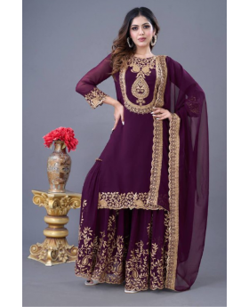 Faux Violet Blooming Embroidered Georgette Sharara Dupatta Set