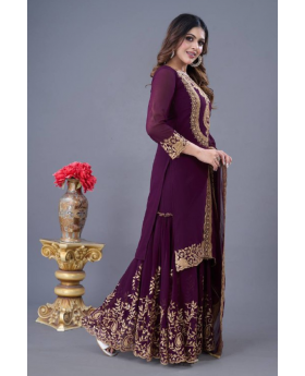 Faux Violet Blooming Embroidered Georgette Sharara Dupatta Set