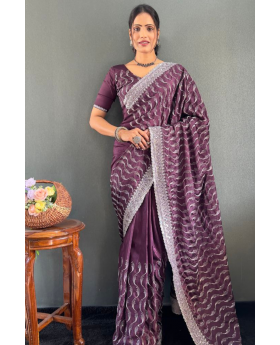Zari Sequence Work Embroidered Violet Chinnon Silk Saree