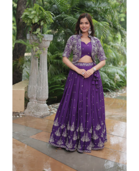 Butti Lehanga Top with Jacket Set and Violet Chinnon with Sequins