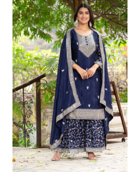 Violet Chinon 3 Piece Sharara Suit Set Embroidered Lace Border