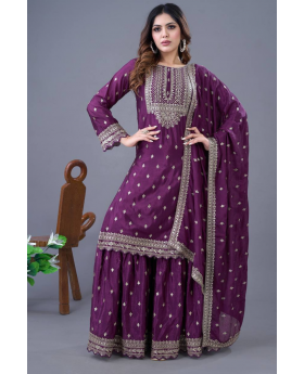 Three-piece set of violet heavy chinon silk kurti dupatta sharara suits