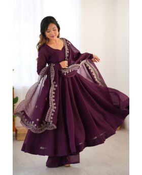 Violet Heavy Fandy Silk Anarkali Dupatta Suit Set Embroidered