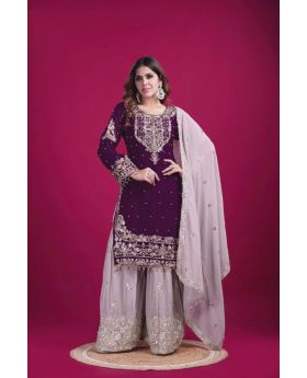 Violet Heavy Faux Georgette Sharara Dupatta Suit Set Embroidered
