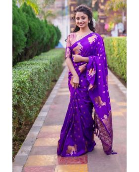 Zari-patterned violet soft moonga silk sarees