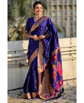 Sarees made of violet soft silk with floral motifs