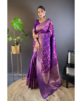 Triple Zari Unique Paan Weaves on Violet Soft Silk Sarees