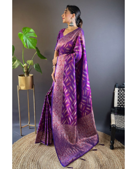 Triple Zari Unique Paan Weaves on Violet Soft Silk Sarees