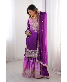 Violet Chinon Silk Sharara Kurta Set with Rivet Moti
