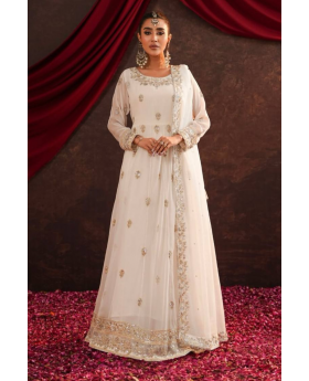 Anarkali gown in white with an embroidered dupatta