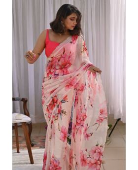 White And Pink Soft Tebby Silk Floral Print Saree