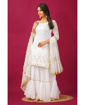 Three-piece embroidered kurta dupatta suit set in white faux georgette