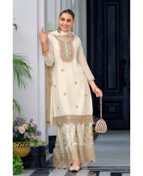 White Heavy Chinon Silk Sharara Dupatta Suit Set Embroidered