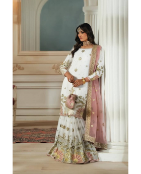 Three-piece Sharara Dupatta suit set in white, rich imitation georgette.