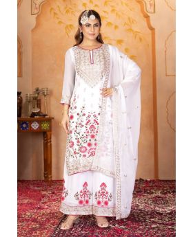 White Heavy Faux Georgette Kurta Dupatta Plazo Suit Set