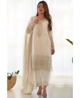 Kurta Dupatta Pant Set in White, Heavy, Pure Soft Organja Silk Print