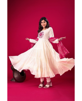 A white, heavy, Roman silk gown with a dupatta and trousers