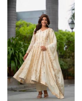 White Pure Chinon Silk Anarkali Gown Pant Dupatta Suit Set