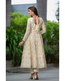 White Pure Chinon Silk Anarkali Gown Pant Dupatta Suit Set