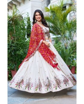 White And Red Lehenga Choli Set in Tissue Silk with Heavy Sequin Work