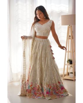 White Faux Georgette Lehenga Choli Dupatta Set with Sequin Embroidery