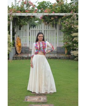 White Festive Roman Fabric Lehenga with Embroidered Top