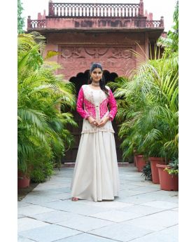White & Pink Pure Cosmos Simar Koti, Palazzo & Choli Set with Embroidery 
