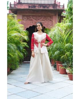 White & Red Pure Cosmos Simar Koti, Palazzo & Choli Set with Embroidery 