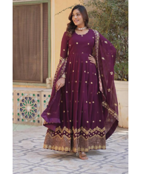 Faux Blooming Georgette Dress with Dupatta in Wine