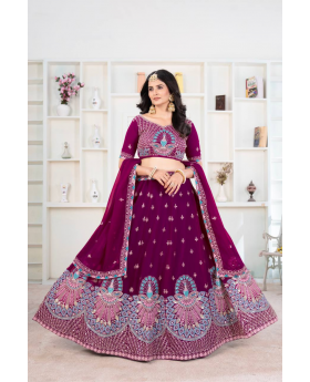 Embroidered Wine Faux Georgette Lehanga Choli Set