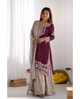 Wine Heavy Faux Georgette Red Sharara Dupatta Suit Set