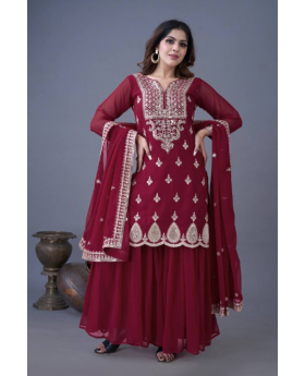 Sharara Dupatta Set in Wine Heavy Georgette Embroidered